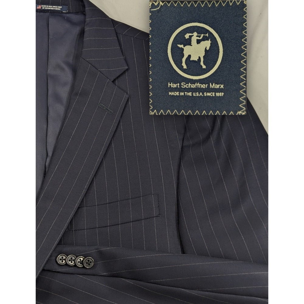 Hart Schaffner Marx Suit Jacket Blazer Dark Navy Subtle Gray Pinstripe 46L 48"